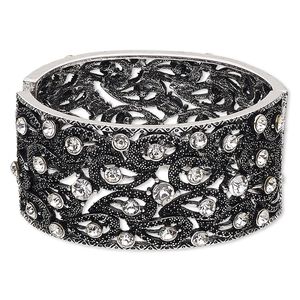 Bracelet, hinged bangle, glass rhinestone / gunmetal- / antique silver-finished steel / "pewter" (zinc-based alloy), clear, 36mm wide with curved teardrop design, 6 inches. Sold individually.
