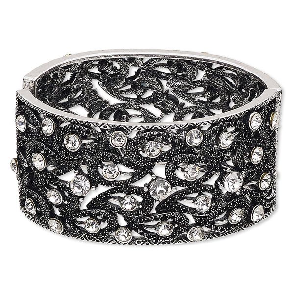 Bracelet, hinged bangle, glass rhinestone / gunmetal- / antique silver-finished steel / "pewter" (zinc-based alloy), clear, 36mm wide with curved teardrop design, 6 inches. Sold individually. image number 0