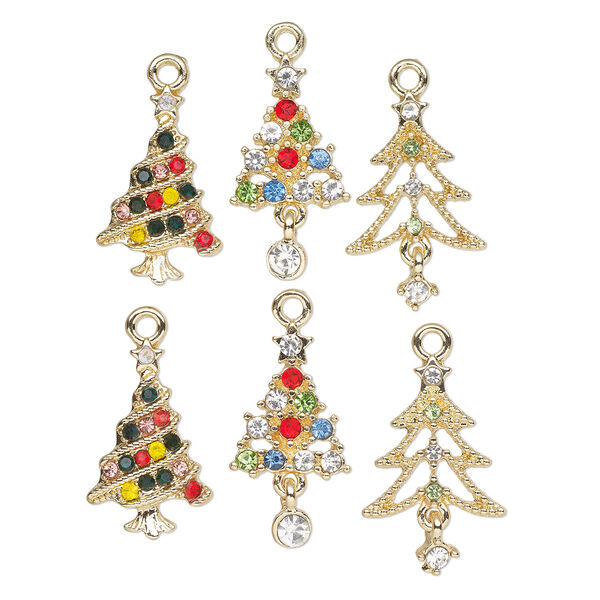 Charm, gold-finished "pewter" (zinc-based alloy) and enamel, multicolored, 22x14mm / 24x13mm / 24x13mm, 2 of each shape tree. Sold per pkg of 6. image number 0