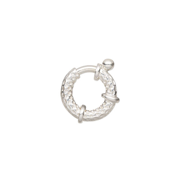 Clasp, springring, sterling silver, 14mm dotted round. Sold individually. image number 0