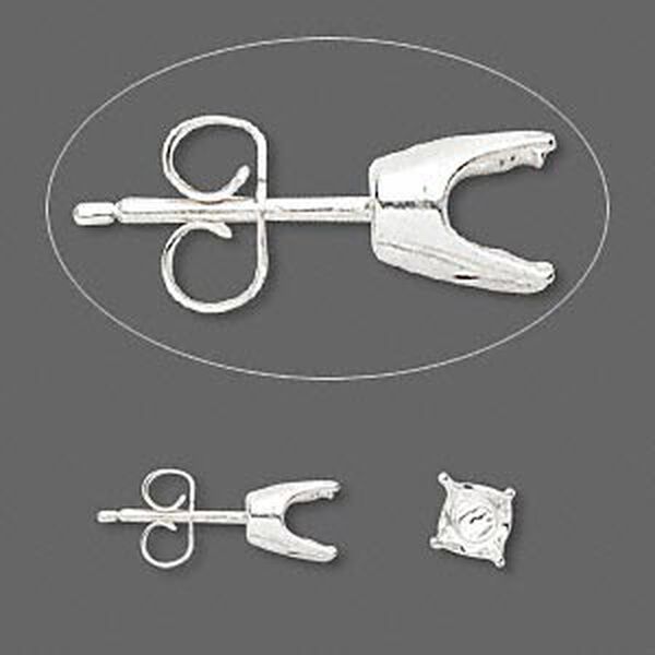 Earstud, Sure-Set™, sterling silver, 6mm 4-prong round setting. Sold per pair. image number 0