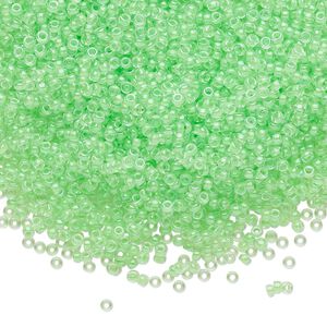 Seed bead, Miyuki, glass, pkg/250g, #15 rocaille, translucent luminous inside dyed color mint green, (RR-1120).