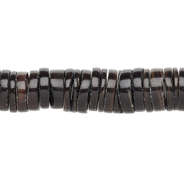 Bead, black pen shell (natural), 11-12mm hand-cut heishi, Mohs hardness 3-1/2. Sold per 15-1/2" to 16" strand. image number 0