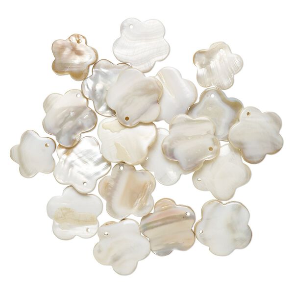 Focal and drop, mother-of-pearl shell and resin (assembled), white, 25mm-31x30mm, Mohs hardness 3-1/2. Sold per pkg of 20. image number 0