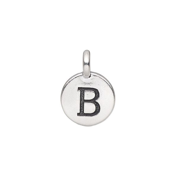 Drop, TierraCast®, antique silver-plated pewter (tin-based alloy), 11.5mm single-sided round with textured alphabet letter "B." Sold per pkg of 2. image number 0