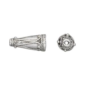Cone, antique silver-plated pewter (tin-based alloy), 19x9mm with swirl design, 8.5mm inside diameter. Sold per pkg of 2.