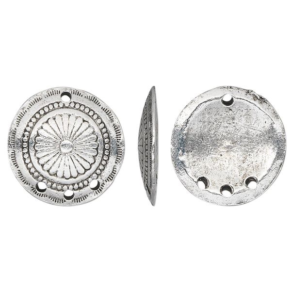 Drop, pewter (tin-based alloy), pkg/1, antique silver plate, 18mm concho disc with flower. image number 0