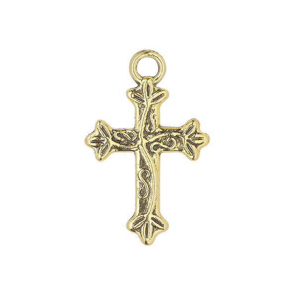 Drop, antique gold-finished "pewter" (zinc-based alloy), 21x16mm cross with leaf and vine design. Sold per pkg of 10. image number 0