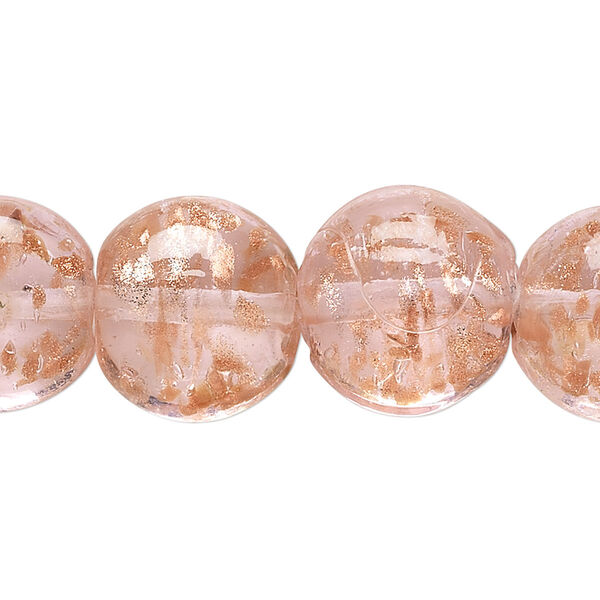 Bead, lampworked glass, pink with copper-colored glitter, 16mm puffed flat round. Sold per 15-1/2" to 16" strand. image number 0