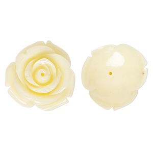 Bead, resin, antique white, 19x19mm half-drilled rose. Sold per pkg of 2.