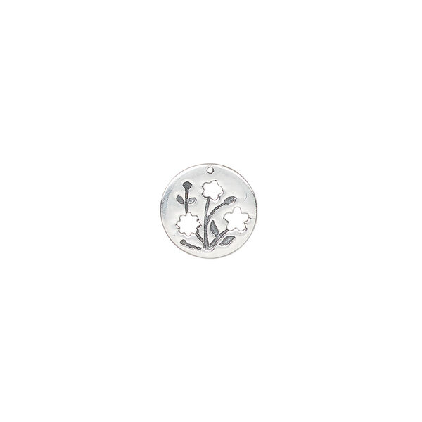Drop 1pkg1, antiqued sterling silver, 10mm single-sided round with cut-out flowers. image number 0