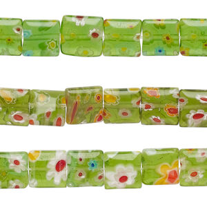Bead mix, millefiori glass, translucent green and multicolored, 8mm puffed square with flower design. Sold per pkg of (3) 14-inch strands.