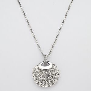 Necklace, glass rhinestone with silver-plated steel and "pewter" (zinc-based alloy), clear, 37mm round, 29 inches with 3-inch extender chain and lobster claw clasp. Sold individually.