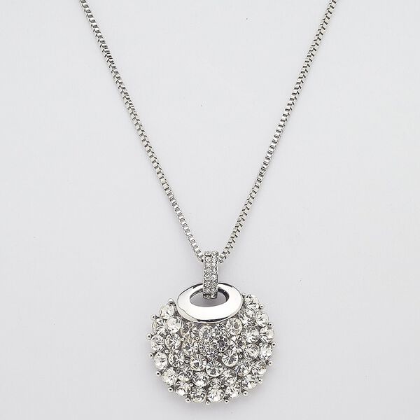 Necklace, glass rhinestone with silver-plated steel and "pewter" (zinc-based alloy), clear, 37mm round, 29 inches with 3-inch extender chain and lobster claw clasp. Sold individually. image number 0
