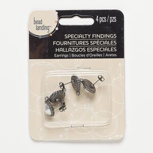 Earstud 1pkg4 "pewter" (zinc-based alloy), 13mm round / rope design / closed loop / earnuts, antique nickel-finished / acrylic / steel white 2 pair
