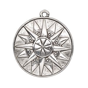 Focal, antique silver-plated "pewter" (zinc-based alloy), 33mm single-sided domed round with sun design. Sold per pkg of 2.