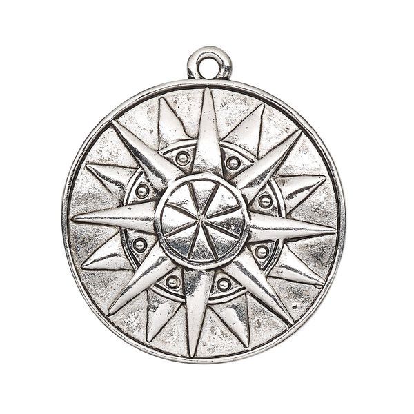 Focal, antique silver-plated "pewter" (zinc-based alloy), 33mm single-sided domed round with sun design. Sold per pkg of 2. image number 0