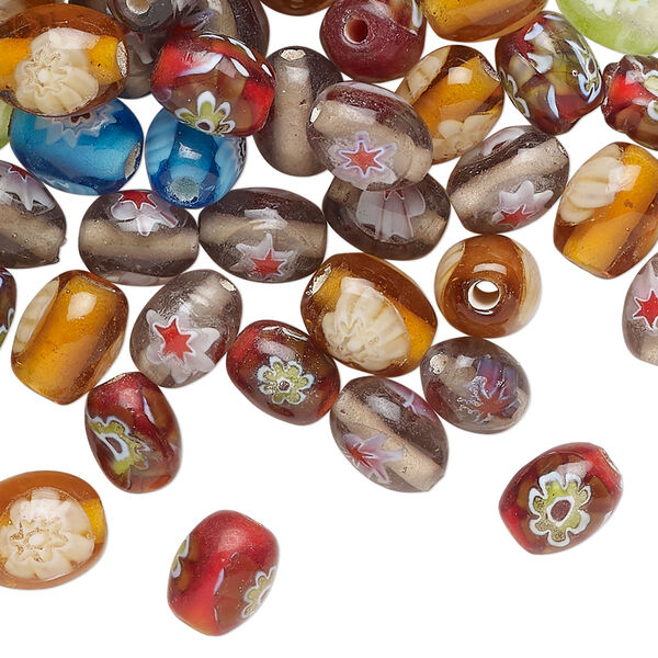 Bead mix, millefiori glass, translucent mixed colors, 8x6mm oval. Sold per 2-ounce pkg, approximately 105 beads. image number 0