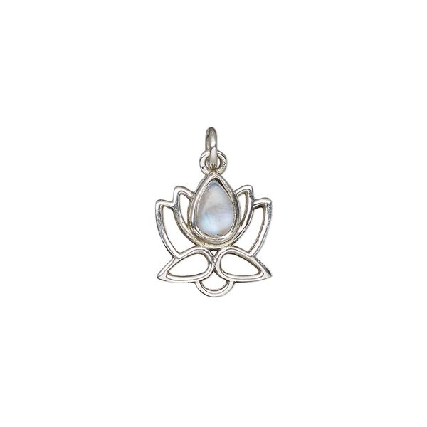 Rainbow moonstone / sterling silver 1pkg1, open lotus drop natural antiqued 12x12mm image number 0