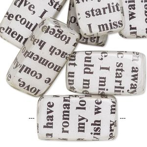 Bead, wood / newspaper / acrylic, white and black, 24x14mm double-sided flat rectangle with phrase in English. Sold per pkg of 8.
