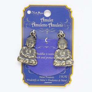 Focal, antique brass-finished "pewter" (zinc-based alloy) and steel, 33x24mm two-sided Buddha. Sold per pkg of 2.