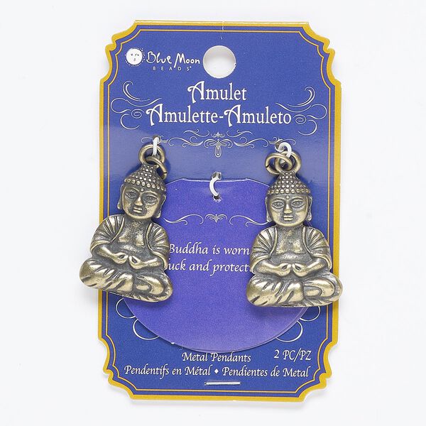 Focal, antique brass-finished "pewter" (zinc-based alloy) and steel, 33x24mm two-sided Buddha. Sold per pkg of 2. image number 0