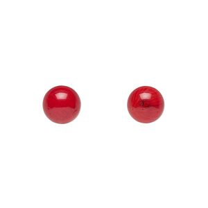 Bead, bamboo coral (dyed), red, 7.5-8.5mm half-drilled round, Mohs hardness 3-1/2 to 4. Sold per pkg of 2.