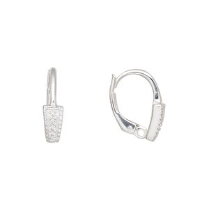 Ear wire leverback 1pkg2 sterling silver / cubic zirconia, 14.5mm / 8.5x4.5mm rectangle / closed loop, clear 1 pair