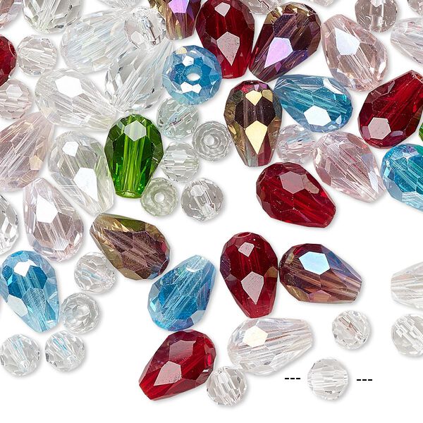 Bead mix, glass, mixed colors AB, 4mm faceted round and 9x6mm faceted teardrop. Sold per 25-gram pkg, approximately 85-140 beads. image number 0