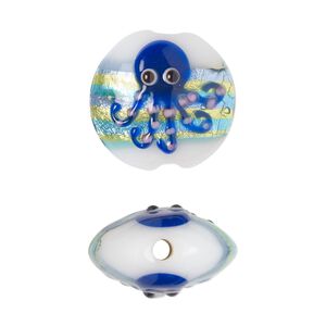 Bead, lampworked glass, opaque white / dark blue / multicolored with silver-colored foil, 19mm puffed flat round with octopus design. Sold per pkg of 2.