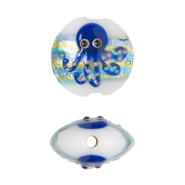 Bead, lampworked glass, opaque white / dark blue / multicolored with silver-colored foil, 19mm puffed flat round with octopus design. Sold per pkg of 2. image number 0