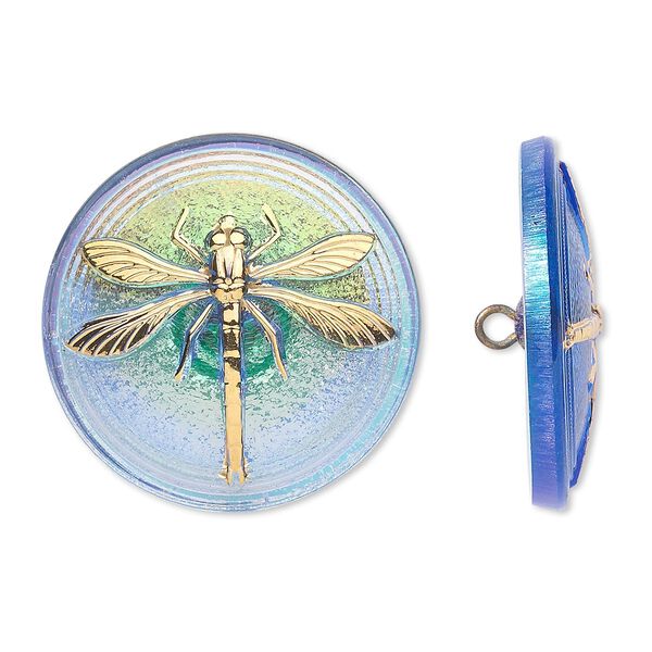 Button, Czech glass and brass, iridescent sapphire blue and gold, 31mm round with dragonfly design. Sold individually. image number 0