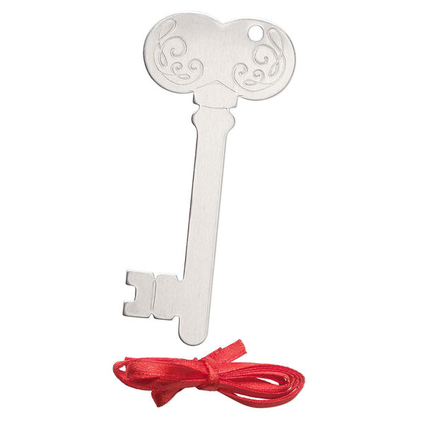 Ornament, ImpressArt®, aluminum and polyester, 3x1-3/8 inch key with ribbon. Sold per pkg of 3. image number 0