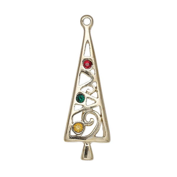 Charm, enamel / crystals / gold-finished "pewter" (zinc-based alloy), red / green / yellow, 34x11mm single-sided Christmas tree. Sold individually. image number 0