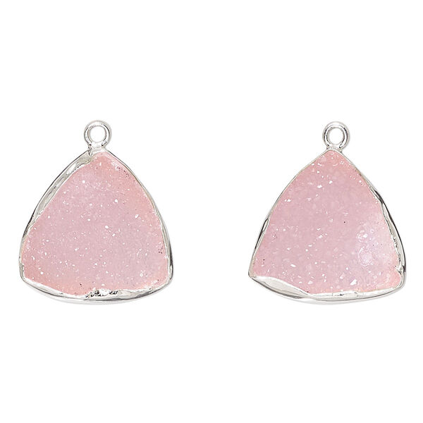 Drop, druzy agate (dyed) and sterling silver, pink, 16x16x16mm single-sided triangle. Sold per pkg of 2. image number 0
