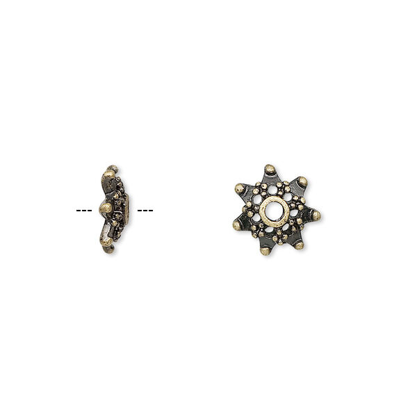 Bead cap, antique brass-finished "pewter" (zinc-based alloy), 10x3mm snowflake, fits 8-12mm bead. Sold per pkg of 24. image number 0