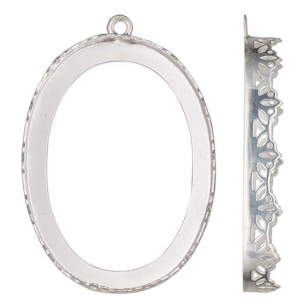 Drop, sterling silver, 41.5x31.5mm oval with lotus edge and open back with 40x30mm oval cabochon bezel setting. Sold individually. image number 0
