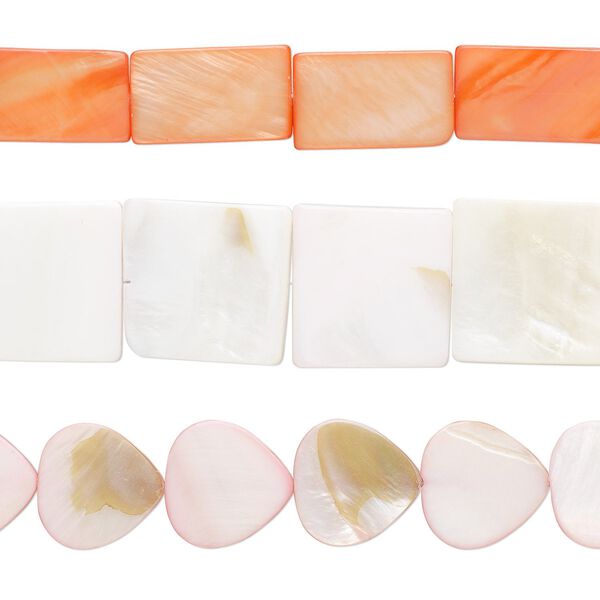 Bead mix, mother-of-pearl shell (dyed), pink and peach, 20x14mm-25mm mixed shapes with 0.6-0.8mm hole, Mohs hardness 3-1/2. Sold per pkg of (3) 15-inch strands. image number 0