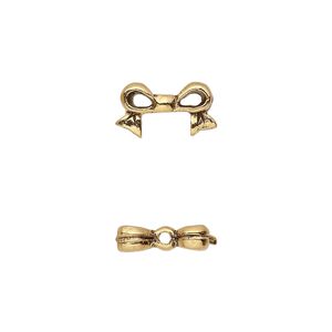 Bead, pewter (tin-based alloy), pkg/1, antique gold plate, 13x7mm double-sided bow, fits 6mm cube.