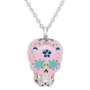Necklace, enamel / glass rhinestone / silver-plated brass, multicolored, 34x26mm Dia de Los Muertos skull with flower and swirl design, 24 inches with 2-inch extender chain and lobster claw clasp. Sold individually.