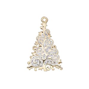 Charm, enamel and gold-finished "pewter" (zinc-based alloy), white with silver-colored glitter, 25x17mm single-sided fancy tree. Sold individually.