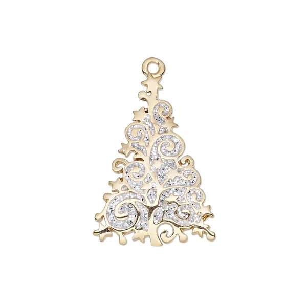 Charm, enamel and gold-finished "pewter" (zinc-based alloy), white with silver-colored glitter, 25x17mm single-sided fancy tree. Sold individually. image number 0