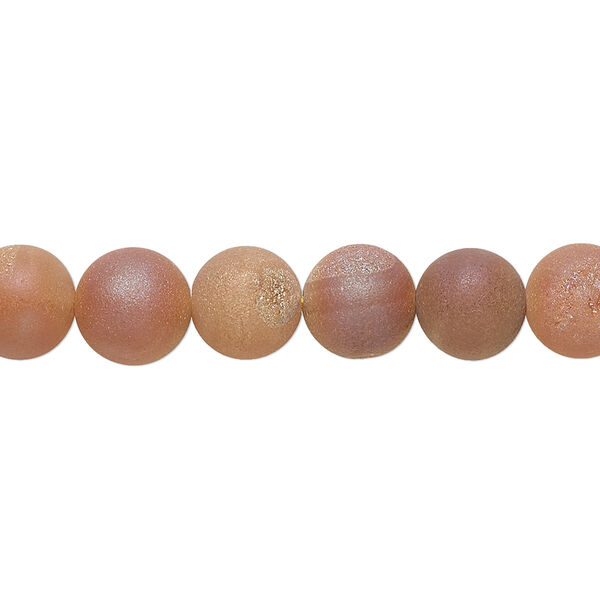 Bead, druzy agate (coated), opaque matte peach, 8mm hand-cut round, B- grade, Mohs hardness 6-1/2 to 7. Sold per 8-inch strand, approximately 25 beads. image number 0