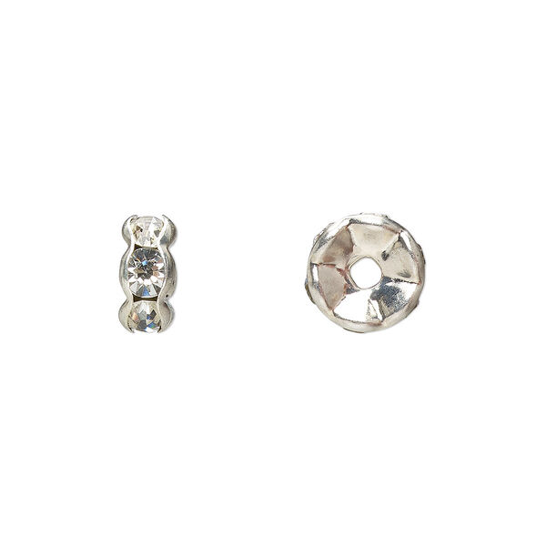 Bead, glass rhinestone and silver-plated brass, clear, 8x4mm rondelle. Sold per pkg of 10. image number 0