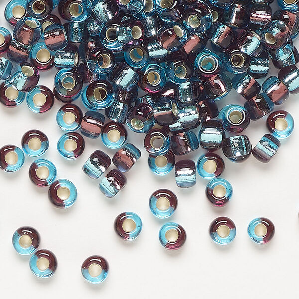 Seed bead, Miyuki, glass, pkg/25g, 4mm irregular round, transparent silver-lined aquamarine blue/plum, (TB-3938). image number 0