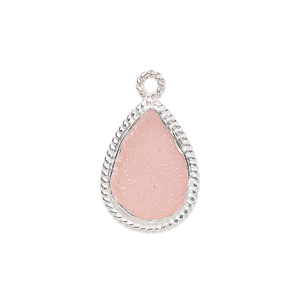 Drop, druzy agate (dyed) and sterling silver, pink, 18x14mm-20x15mm hand-cut single-sided teardrop with twisted wire design. Sold individually. image number 0
