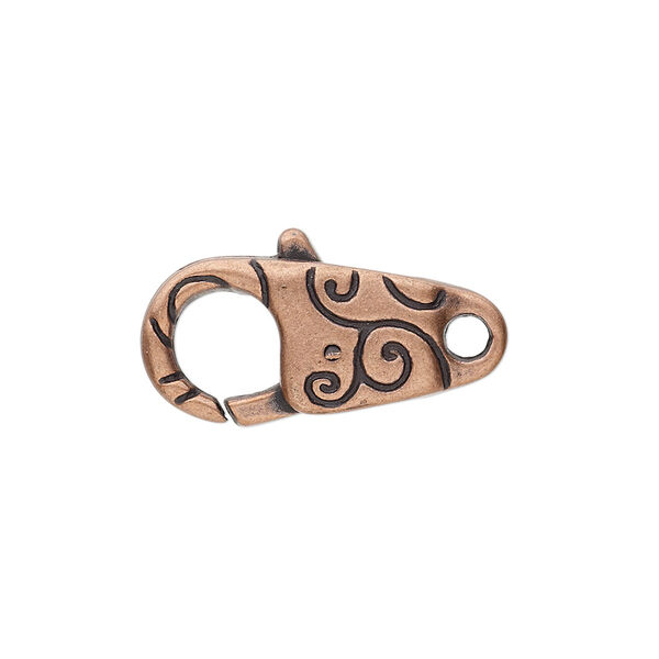Clasp, lobster claw, antiqued copper-finished "pewter" (zinc-based alloy), 24.5x11mm with double-sided swirl design. Sold per pkg of 6. image number 0