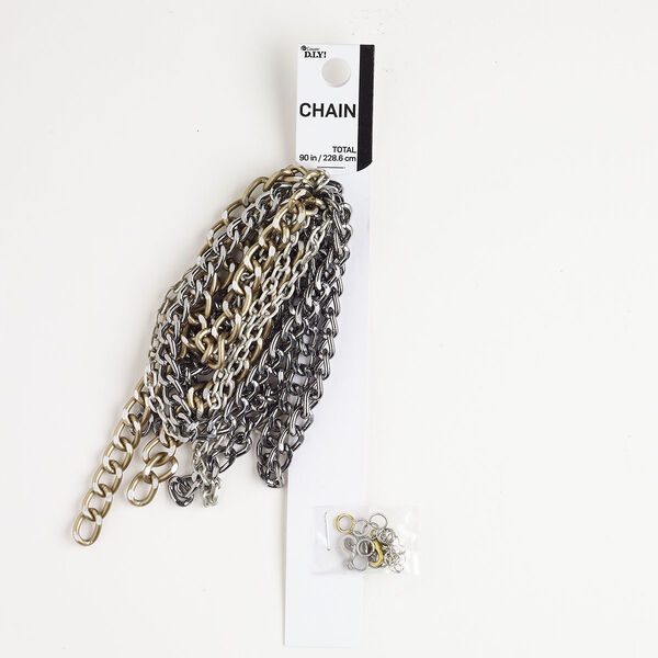 Chain finding assortment steel aluminum 19pk 4.5mm cable 7.8-9.1mm curb 3.4mm extender 9x6mm lobster claw clasp 6mm round jump ring, mixed finish image number 0