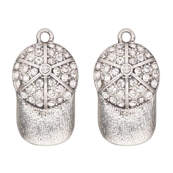 Charm, antique silver-finished "pewter" (zinc-based alloy) and glass, clear, 26x17mm single-sided baseball cap. Sold per pkg of 2. image number 0