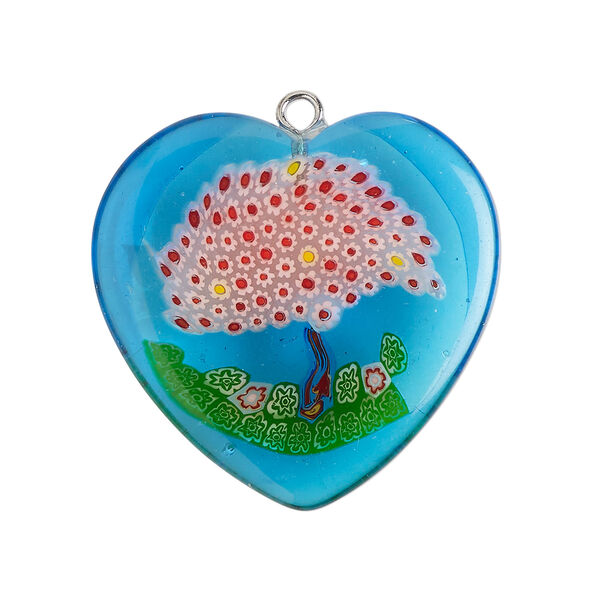 Focal 1pkg1, silver-finished steel / millefiori glass, transparent / translucent blue / multicolored, 29-31mm puffed heart. image number 0
